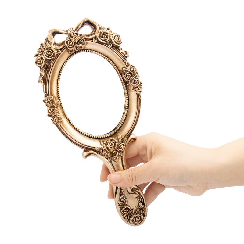Rich Boxer Vintage Handheld Mirror Embossed Flower Hand Held Mirror Makeup Mirror Vanity Mirror Decorative Cute Hand Mirror (Bronze) - Image 1