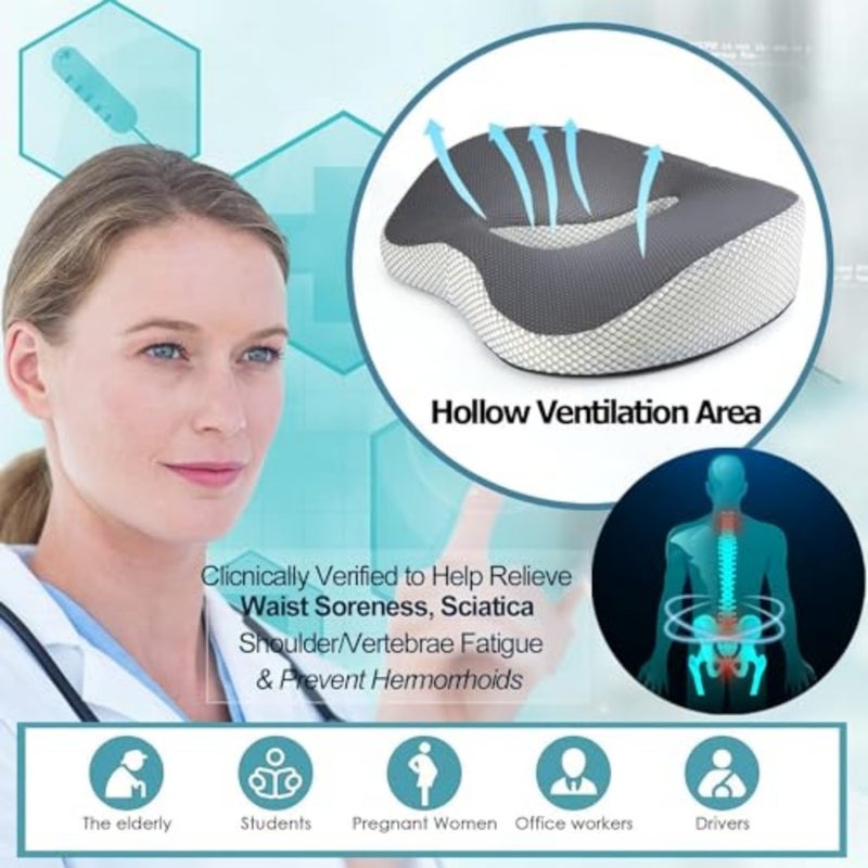 Seat Cushion for Office, 3D Full Wrap Memory Foam Chairs Cushions, for Pressure Relief Sciatica and tailbone Back Pain Relief, Ergonomic Pillow Memory Foam Coccyx Pad for Office Home Car Grey - Image 5