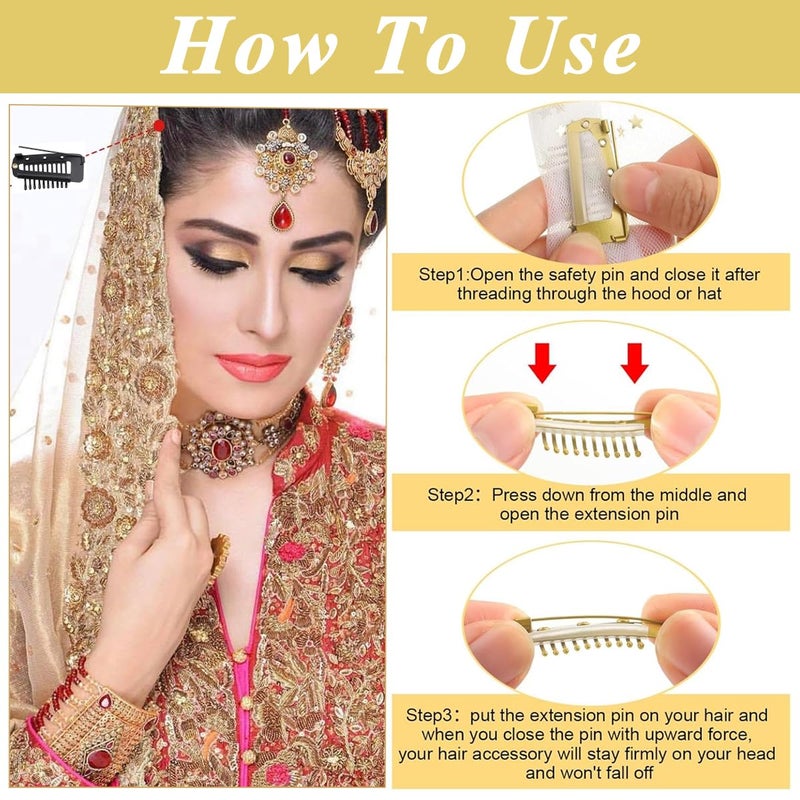 M'AYCREATE MAYCREATE® 12pcs Dupatta Clips for Brides, Chunni Clips Dupatta Clip for Hair, Stainless Steel Strong Grip Dupatta Pins for Veil for Bride, Headscarf or Hair Extensions Clips with Safety Pins - Image 3