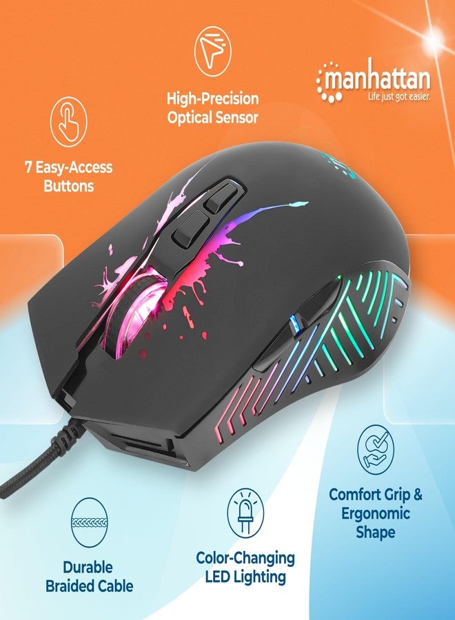 MANHATTAN RGB LED Wired Optical USB Gaming Mouse - 7200 DPI, Ergonomic Shape, 7 Buttons, Color-Changing LEDs, Low-Friction Base, Computer Mouse for Laptop, Extra-Long Braided Cable - 190121 - Image 5