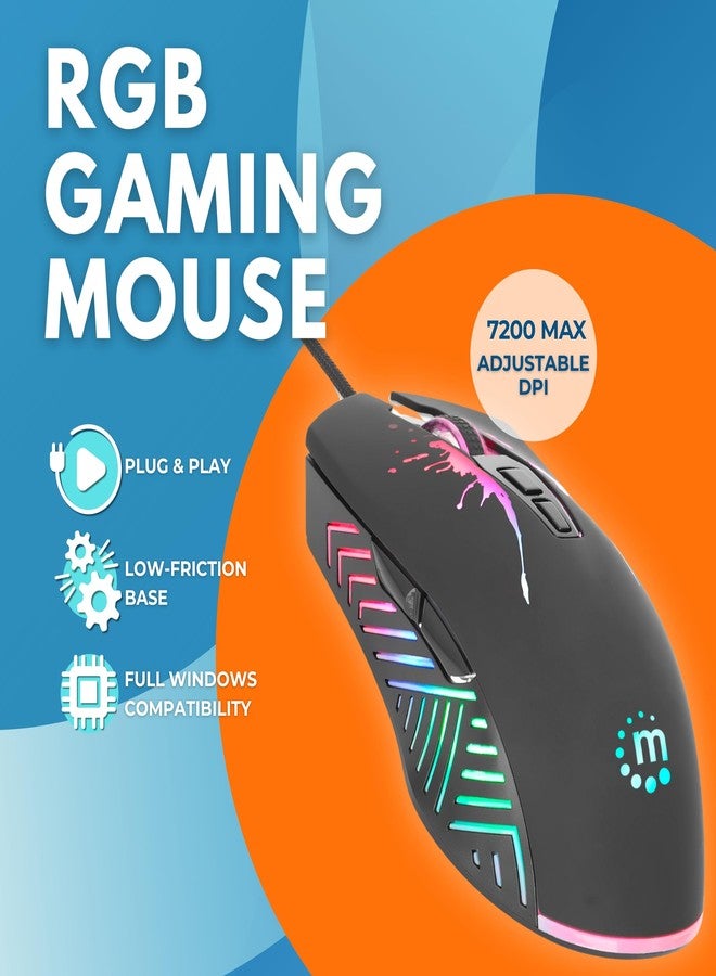MANHATTAN RGB LED Wired Optical USB Gaming Mouse - 7200 DPI, Ergonomic Shape, 7 Buttons, Color-Changing LEDs, Low-Friction Base, Computer Mouse for Laptop, Extra-Long Braided Cable - 190121 - Image 2