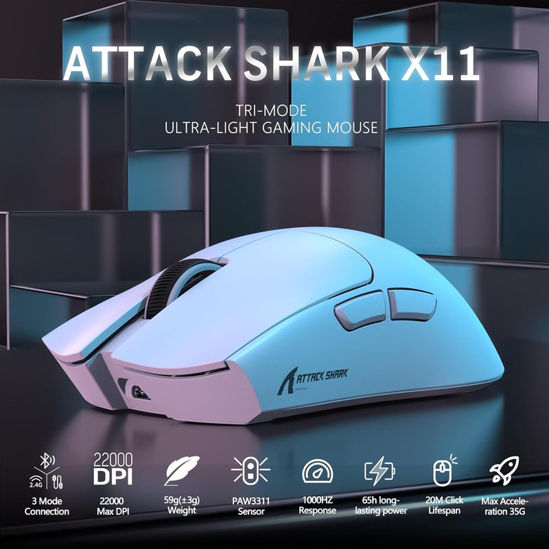 ماجيك-ريفاينر Attack Shark X11 59g ماوس ألعاب لاسلكي فائق الخفة مع قاعدة شحن مغناطيسية RGB، ماوس لاسلكي/سلكي BT/2.4G، 22000 DPI، 5 أزرار قابلة للبرمجة للكمبيوتر/اللابتوب/ماك (أبيض) - Image 2