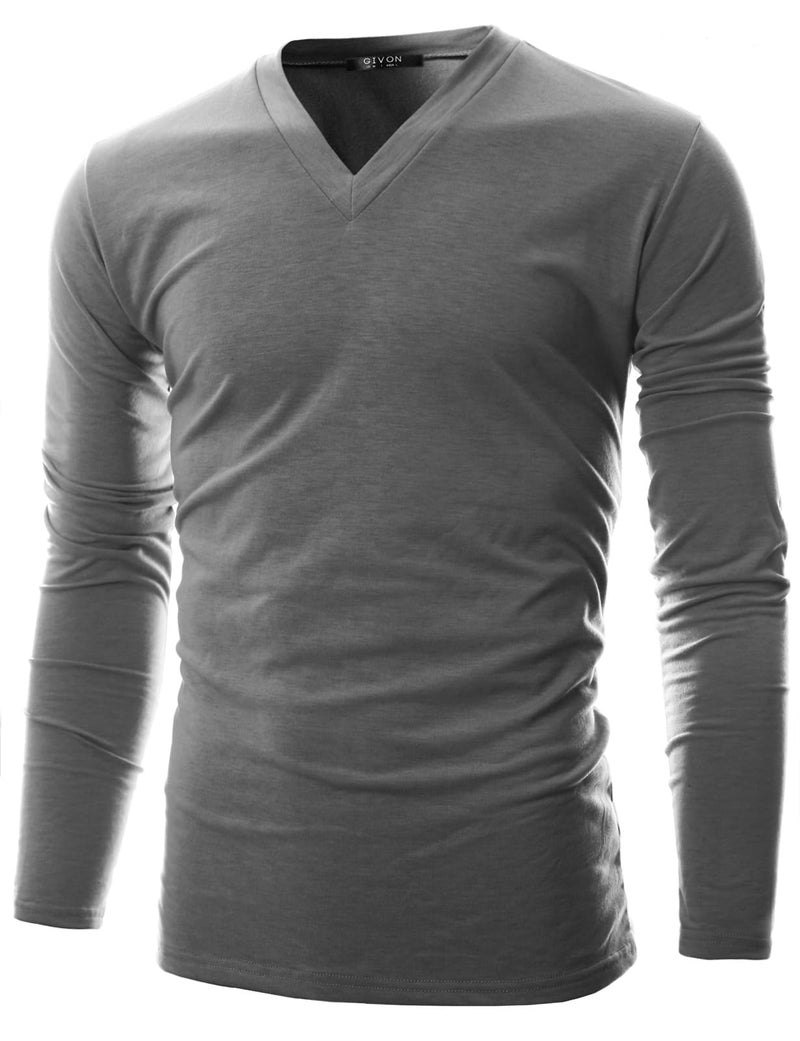 GIVON Men’s Slim Fit Fleece V-Neck Long Sleeve T-Shirt – Lightweight Thermal Base Layer – Stretchy Soft Casual Tee Top / DCP043-GREY-3XL - Image 1
