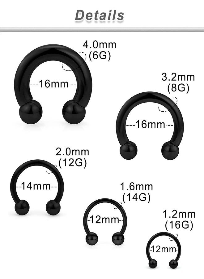 Ocptiy 6G 8G 12G 14G 16G Ear Earrings Gauges Septum Plugs Tunnels Stretching Kit Surgical Stainless Steel Black Horseshoe Eyebrow Lip Belly Nipple Ring Cartilage Helix Tragus Earring Piercing Kit men - Image 3