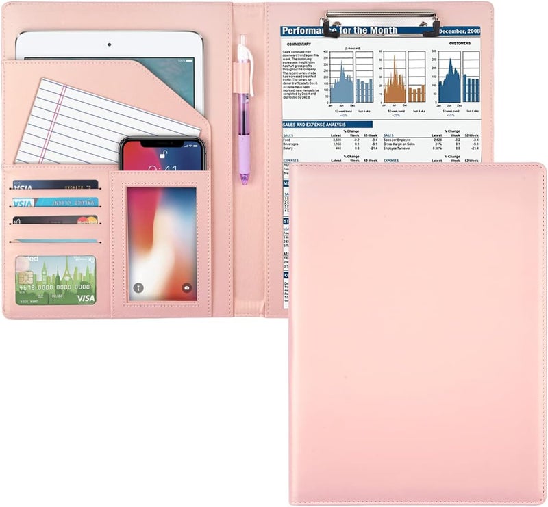 WAVEYU Portfolio Case, Business Portfolio Folder, Cute Padfolio Cover, Conference/Resume/Legal Document Organizer with Letter/A4 Size Clipboard Hardboard, Business Card Holders, Document Sleeve, Pink - Image 1