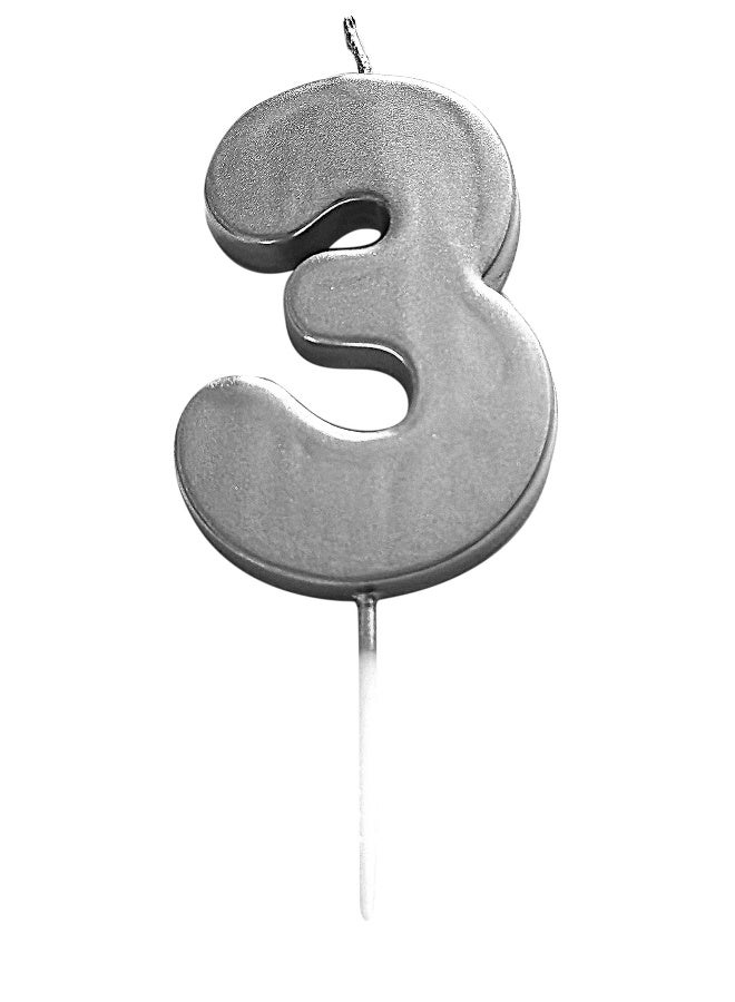 Ciao Silver Number Candle 3 – Metallic Cake Candle Topper for Birthday or Anniversary, 6cm - Image 1