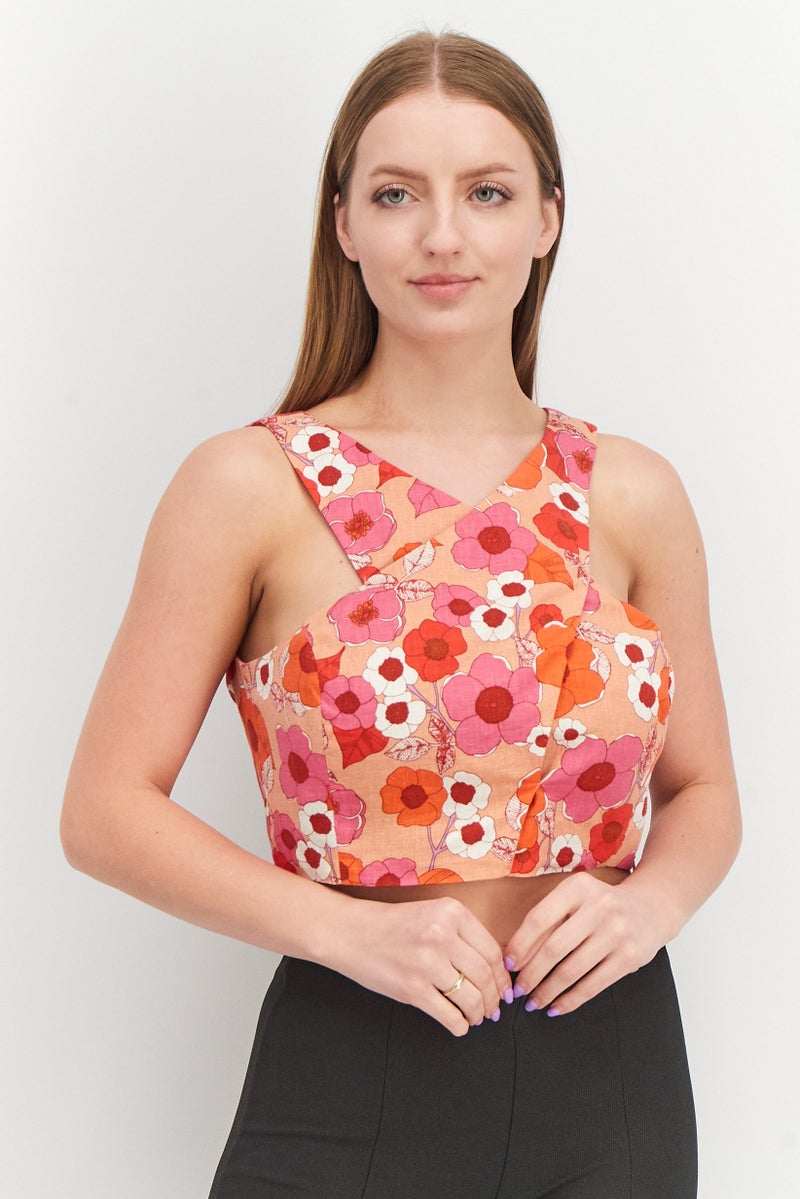 Reserved Women V-Neck Sleeveless Floral Print Top, Pink Combo - Image 1