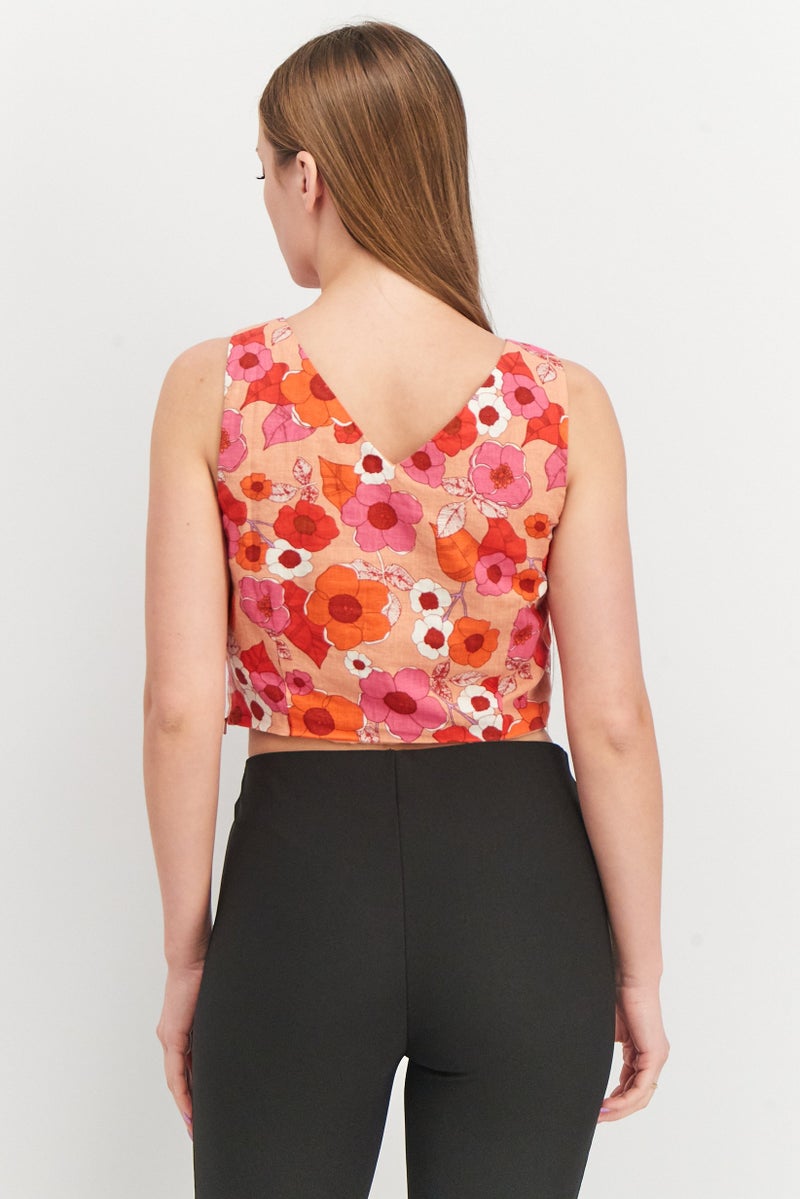 Reserved Women V-Neck Sleeveless Floral Print Top, Pink Combo - Image 2