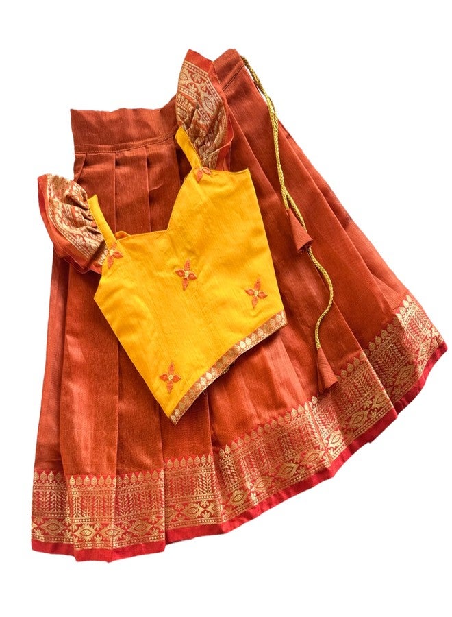 Picksparrow Baby Girl Pattu pavadai/Lehenga Choli/ملابس هندية احتفالية (شيثي، حرير القطن) (أصفر، 1-2 سنة) - Image 1