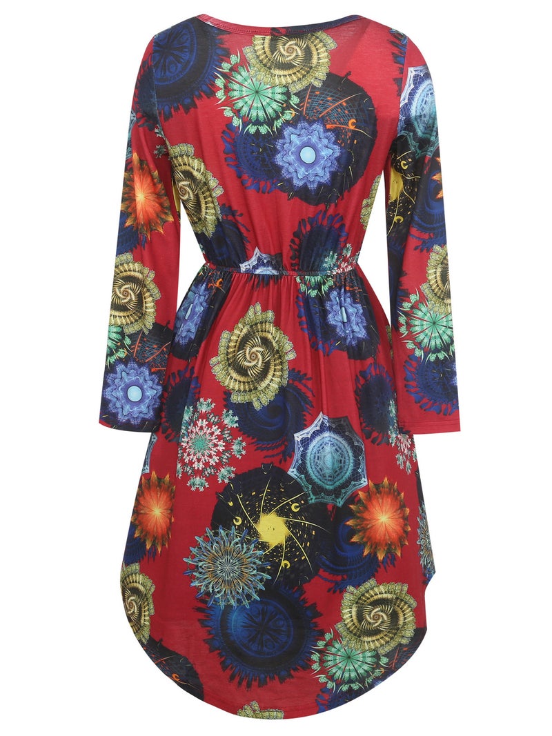 Long Sleeve Vintage Print Asymmetrical Hem Round Neck Waist Pleated Plus Size Dress - Image 4