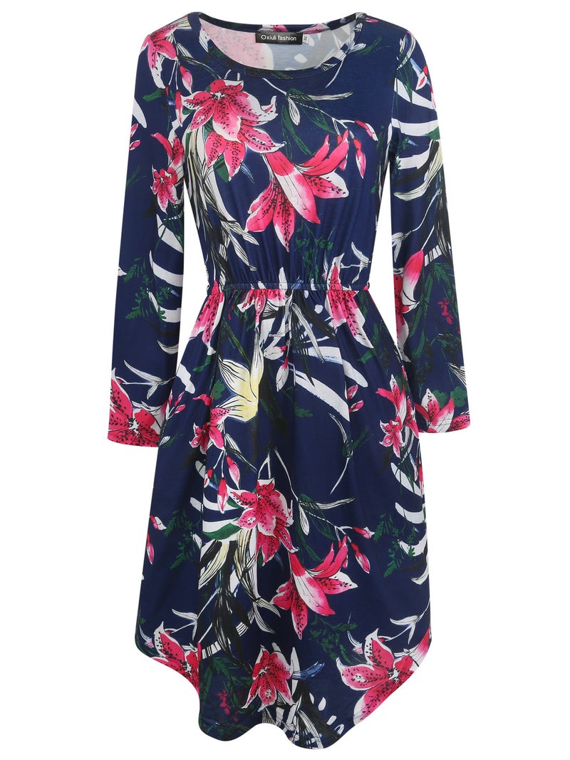 Long Sleeve Vintage Print Asymmetrical Hem Round Neck Waist Pleated Plus Size Dress - Image 1