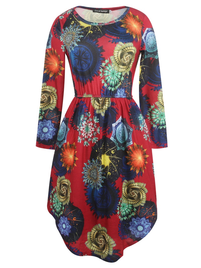 Long Sleeve Vintage Print Asymmetrical Hem Round Neck Waist Pleated Plus Size Dress - Image 3