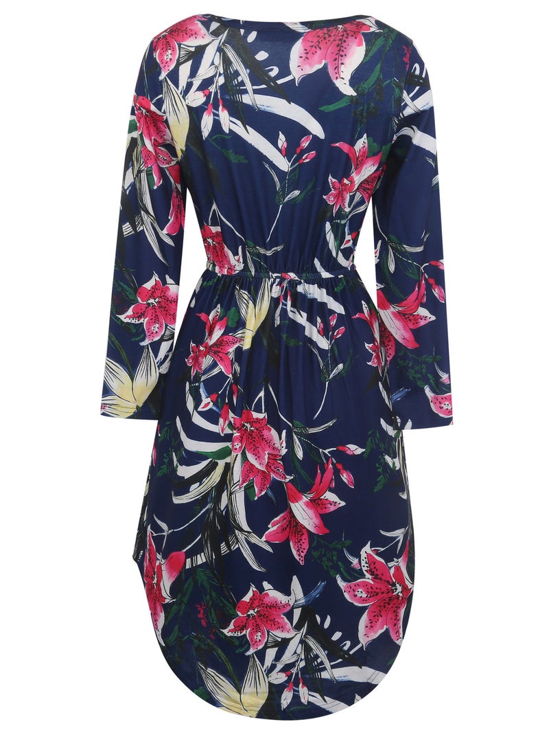 Long Sleeve Vintage Print Asymmetrical Hem Round Neck Waist Pleated Plus Size Dress - Image 5