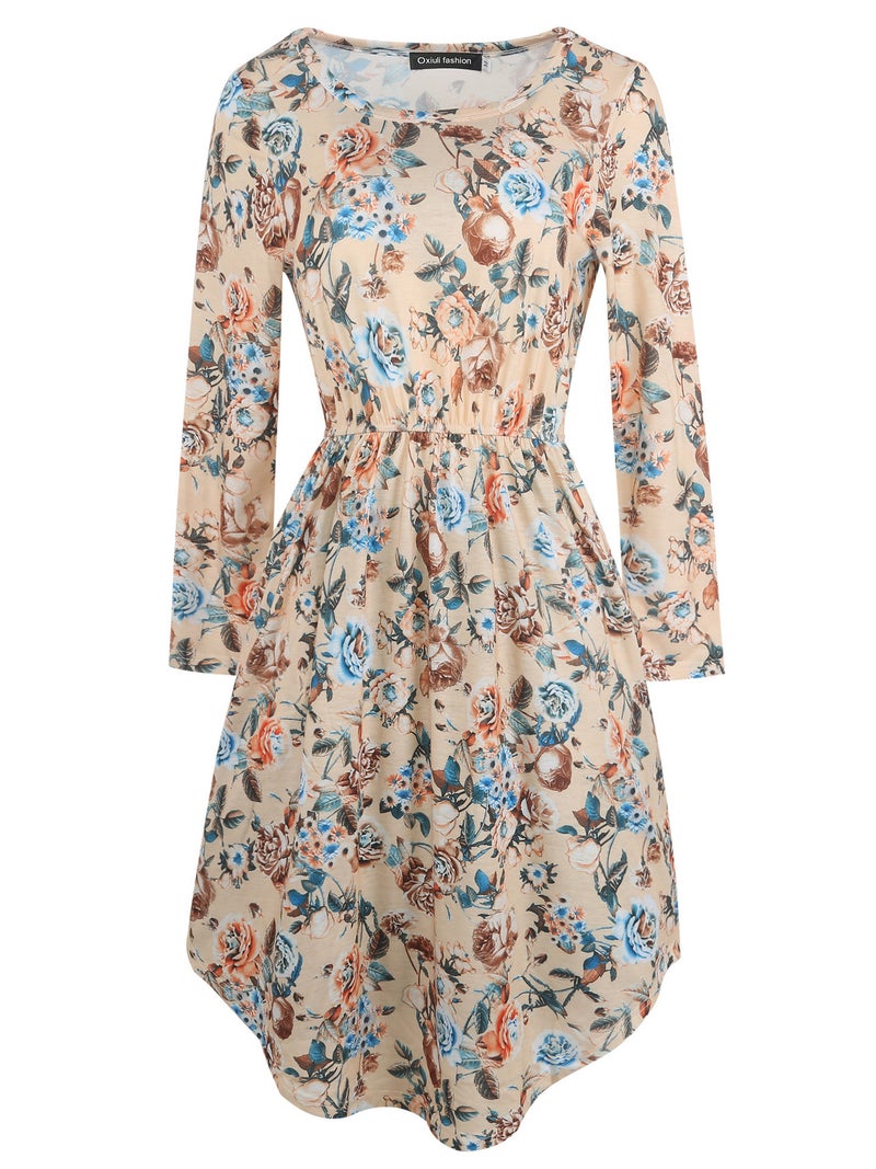 Long Sleeve Vintage Print Asymmetrical Hem Round Neck Waist Pleated Plus Size Dress - Image 2