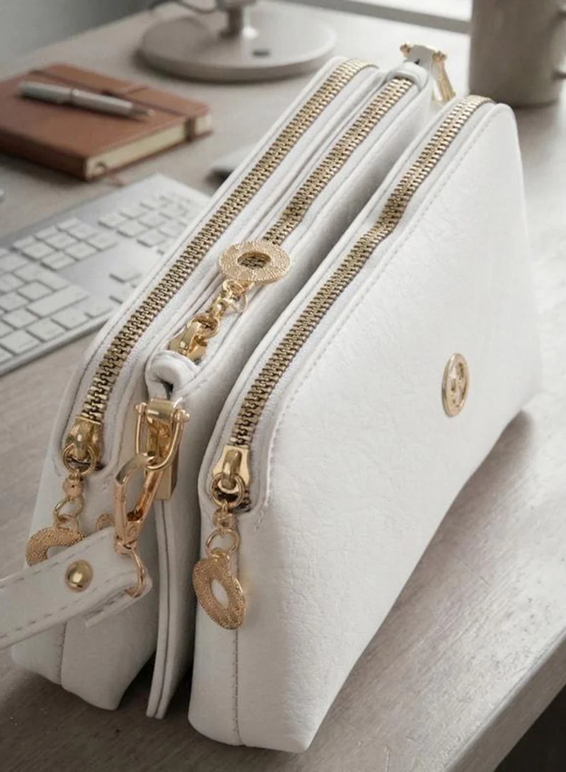 Women's Melisa White Small Size 3-Compartment Zipper-Closure Shoulder Hand and Arm Bag.