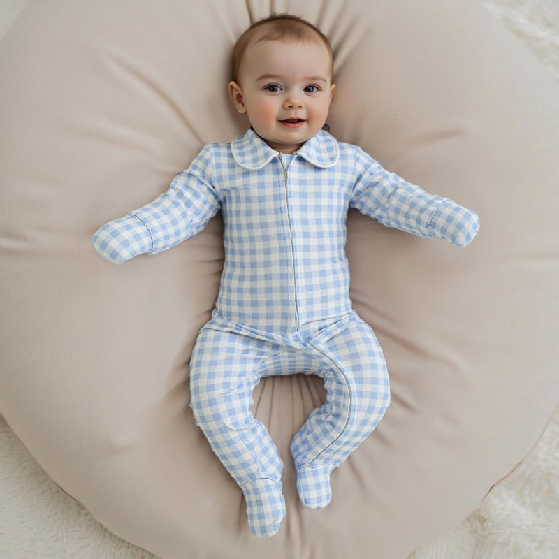 BULINGNA Newborn Baby Boy Girl Gingham Footed Romper Peter Pan Collar Infant Long Sleeve Zipper Jumpsuit Coming Home Outfit (Blue, Newborn) - Image 3