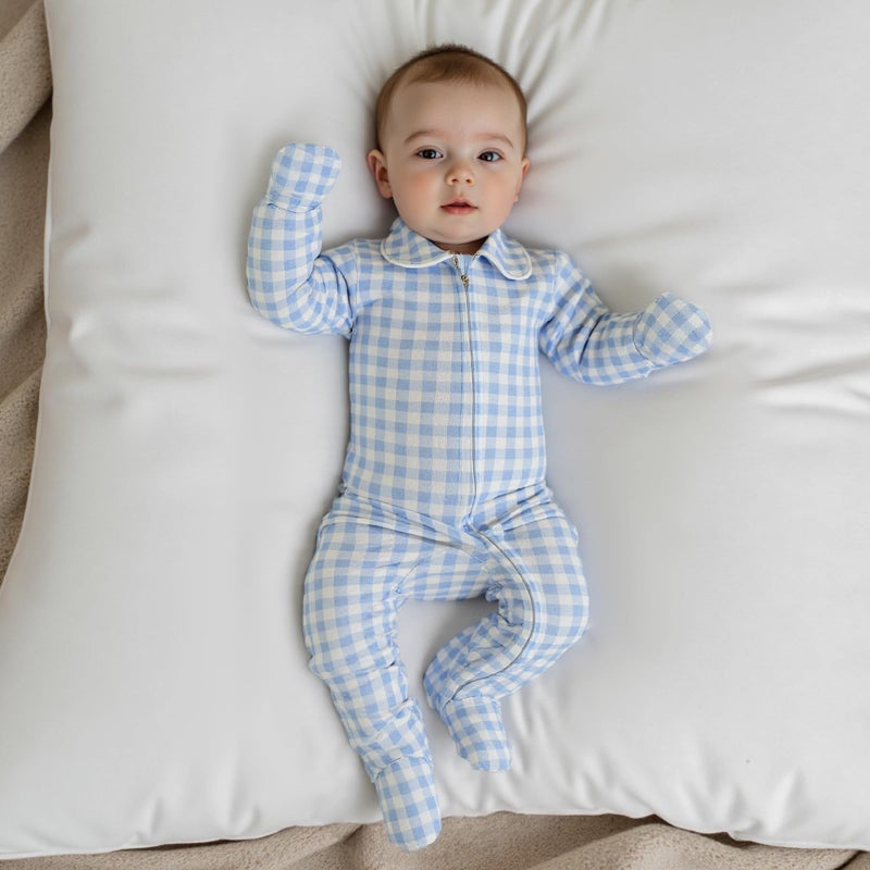 BULINGNA Newborn Baby Boy Girl Gingham Footed Romper Peter Pan Collar Infant Long Sleeve Zipper Jumpsuit Coming Home Outfit (Blue, Newborn) - Image 2