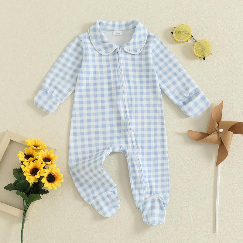 BULINGNA Newborn Baby Boy Girl Gingham Footed Romper Peter Pan Collar Infant Long Sleeve Zipper Jumpsuit Coming Home Outfit (Blue, Newborn) - Image 4