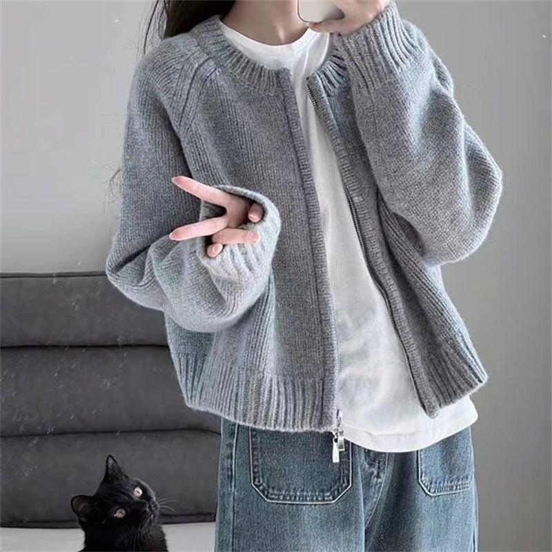 2024 Fall Winter Grey Loose Zip-up Knit Sweater Jacket for Women Red  - Image 5