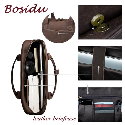 Bosidu Leather Briefcases for Men 15.6 Inch Laptop Briefcase Business Messenger Bag Retro Waterproof Computer Bag Perfect Birthday Gifts For Husband, Brown - Image 3