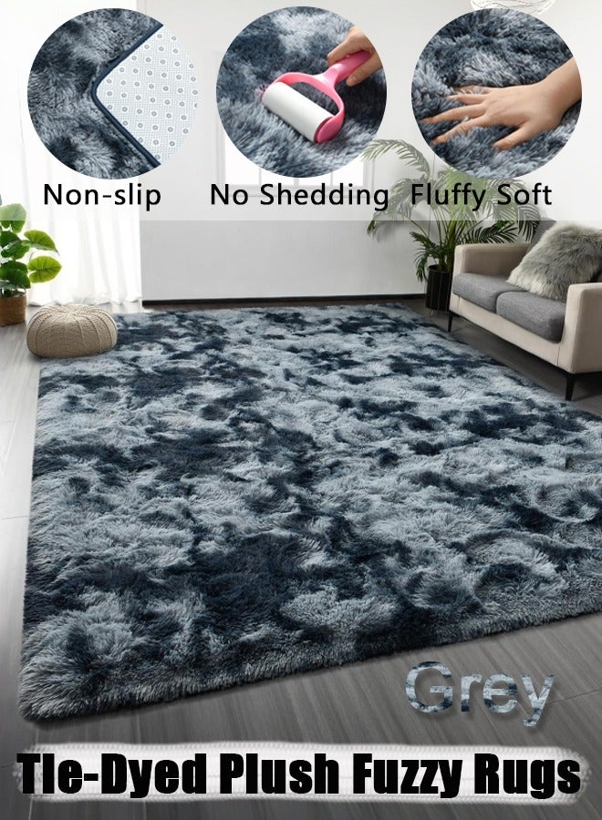 Large Shag Area Rugs, Tie-Dyed Plush Fuzzy Rugs for Living Room, Ultra Soft Fluffy Furry Rug for Bedroom, Indoor Carpet Nursery Rugs for Kids Room Home Decor, Grey - Image 1