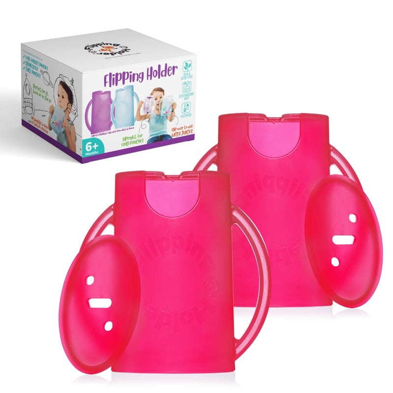 Flipping Holder حامل أكياس الطعام المقاوم للضغط (عبوة 2 مع أغطية) لأكياس الطعام وعصائر الصناديق - متعدد الاستخدامات - يمنع الفوضى ويدعم التغذية الذاتية - مقابض سهلة الإمساك - صنع في الولايات المتحدة - Image 1