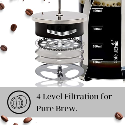 Cafe JEI French Press Coffee and Tea Maker 600ml with 4 Level Filtration System, Heat Resistant Borosilicate Glass, (Steel, 600ml) - Image 3