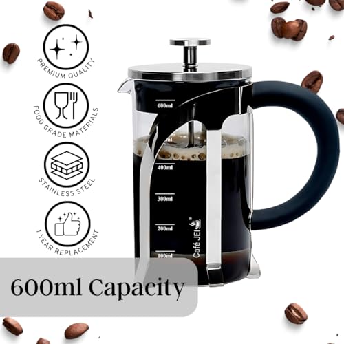 Cafe JEI French Press Coffee and Tea Maker 600ml with 4 Level Filtration System, Heat Resistant Borosilicate Glass, (Steel, 600ml) - Image 2