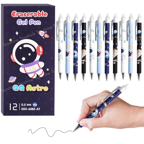 Toyshine 12 Pc Astronaut Theme Stylish Retractable 0.5mm Erasable Gel Pen, Blue Ink | Smooth Writing | Refillable Gel Pen | Kawaii Stationery for Kids Birthday Party Return Gift - Image 1
