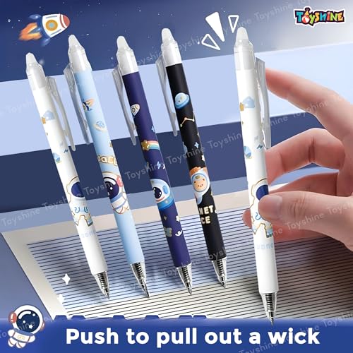 Toyshine 12 Pc Astronaut Theme Stylish Retractable 0.5mm Erasable Gel Pen, Blue Ink | Smooth Writing | Refillable Gel Pen | Kawaii Stationery for Kids Birthday Party Return Gift - Image 5