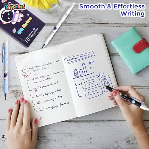 Toyshine 12 Pc Astronaut Theme Stylish Retractable 0.5mm Erasable Gel Pen, Blue Ink | Smooth Writing | Refillable Gel Pen | Kawaii Stationery for Kids Birthday Party Return Gift - Image 3