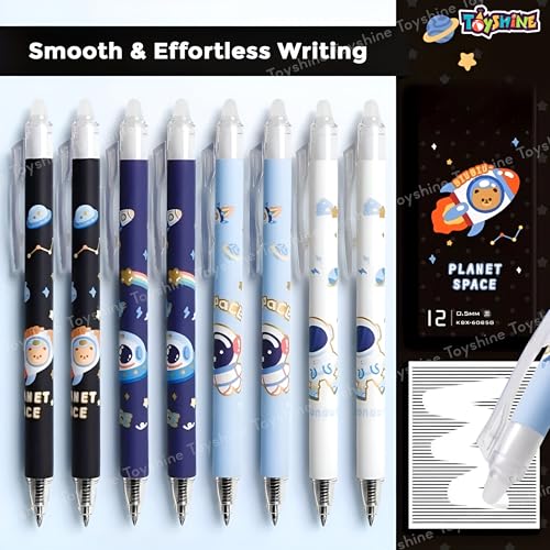 Toyshine 12 Pc Astronaut Theme Stylish Retractable 0.5mm Erasable Gel Pen, Blue Ink | Smooth Writing | Refillable Gel Pen | Kawaii Stationery for Kids Birthday Party Return Gift - Image 2