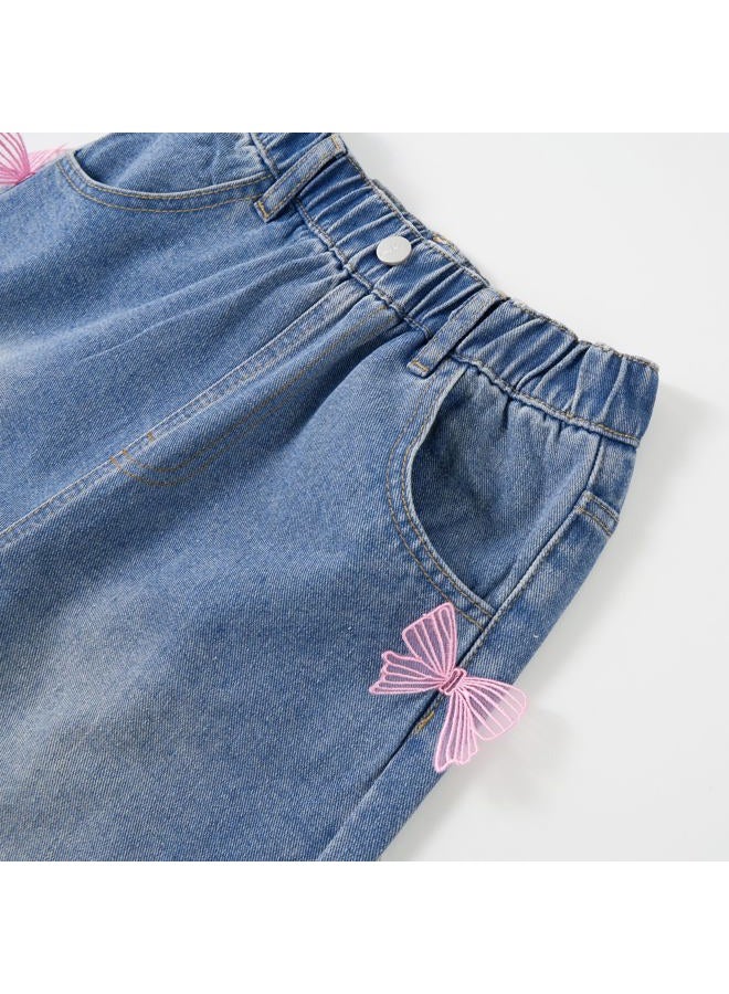 Rolanko Girls Jeans Denim Elastic Wasit Wide Leg Baggy Pants Kids Clothes 4-14 Years, Pinkbutterfly, 10-11 Years - Image 2