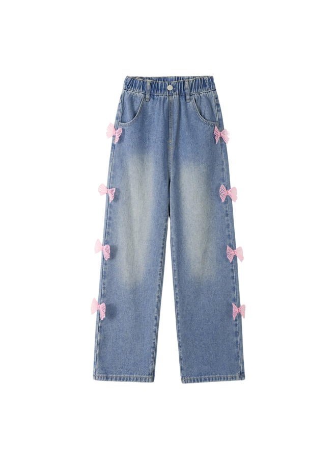 Rolanko Girls Jeans Denim Elastic Wasit Wide Leg Baggy Pants Kids Clothes 4-14 Years, Pinkbutterfly, 10-11 Years - Image 1