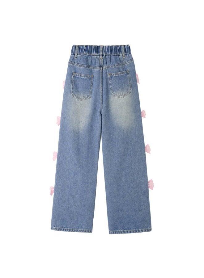 Rolanko Girls Jeans Denim Elastic Wasit Wide Leg Baggy Pants Kids Clothes 4-14 Years, Pinkbutterfly, 10-11 Years - Image 4