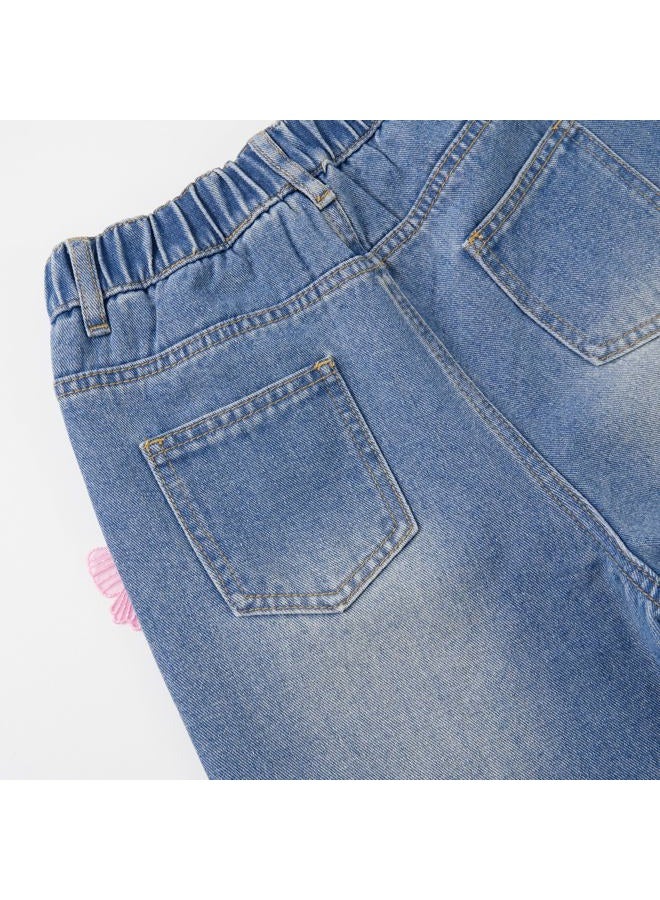 Rolanko Girls Jeans Denim Elastic Wasit Wide Leg Baggy Pants Kids Clothes 4-14 Years, Pinkbutterfly, 10-11 Years - Image 3