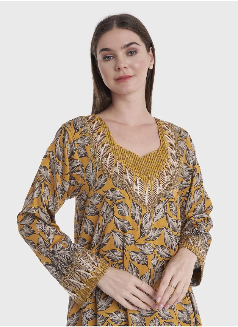 KASHKHA Leaf Print Mukhawar Jalabiya