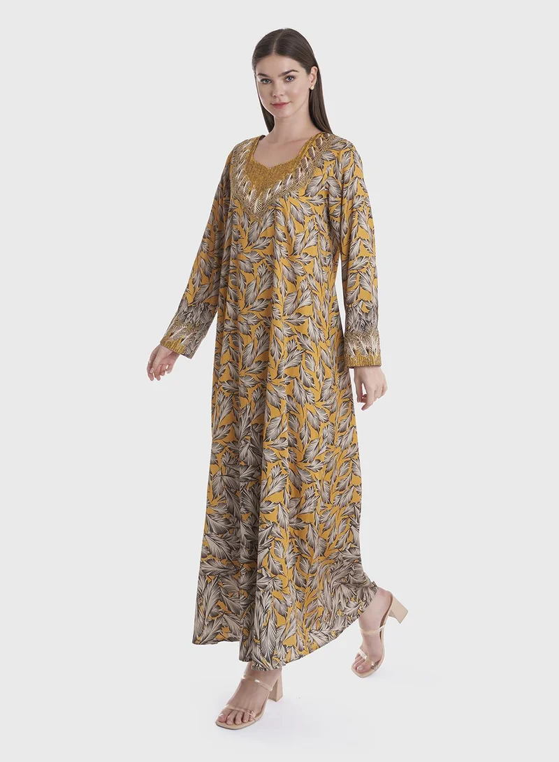 KASHKHA Leaf Print Mukhawar Jalabiya