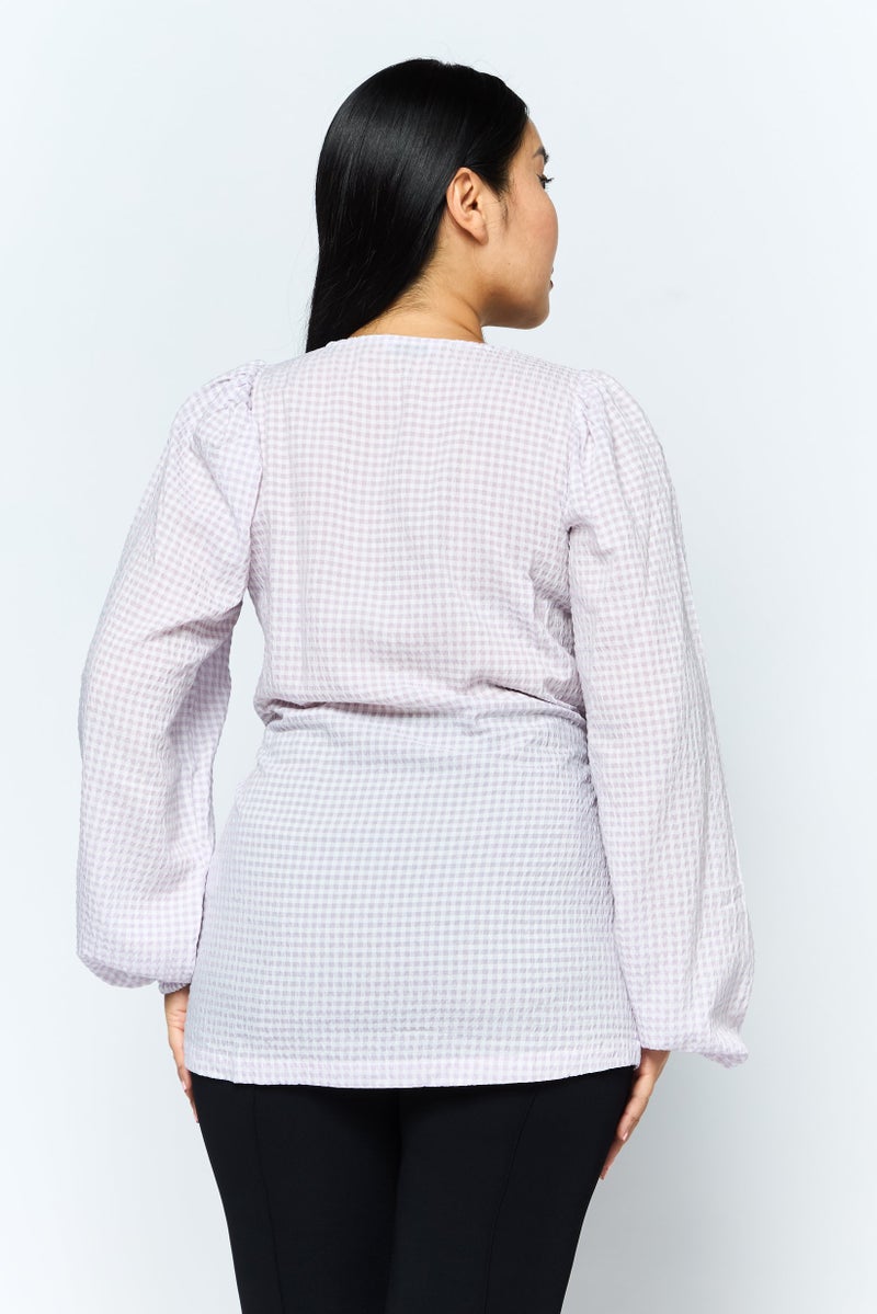 Envii Women Surplice Neck Long Sleeves Checkered Top, Purple - Image 4