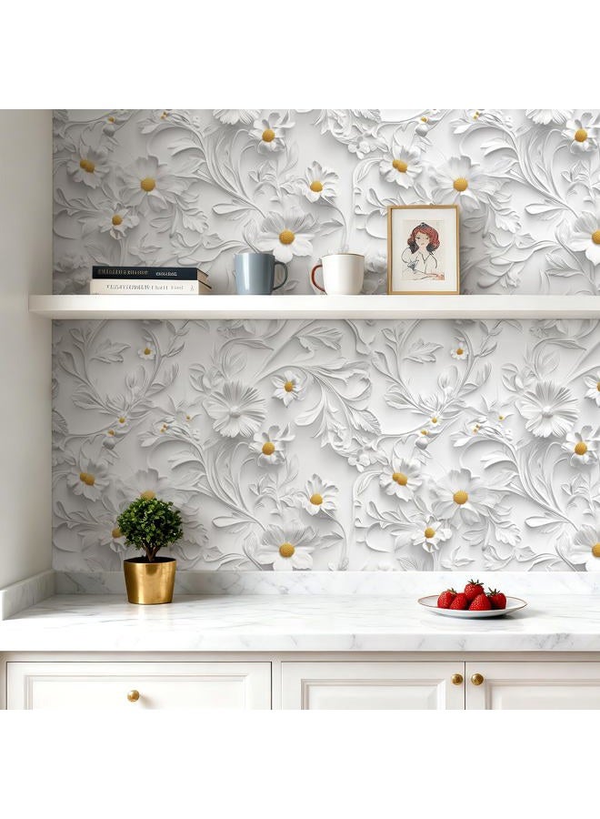 FunStick White Faux 3D Floral Wallpaper Peel and Stick Modern Daisy Flower White Contact Paper Self Adhesive Embossed Wall Paper Removable Wallpaper for Bathroom Bedroom Wall Decor Cabinets 17.5"x118" - Image 5