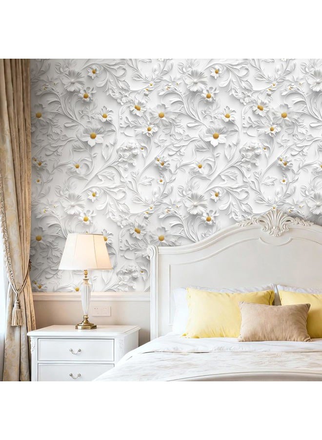 FunStick White Faux 3D Floral Wallpaper Peel and Stick Modern Daisy Flower White Contact Paper Self Adhesive Embossed Wall Paper Removable Wallpaper for Bathroom Bedroom Wall Decor Cabinets 17.5"x118" - Image 4