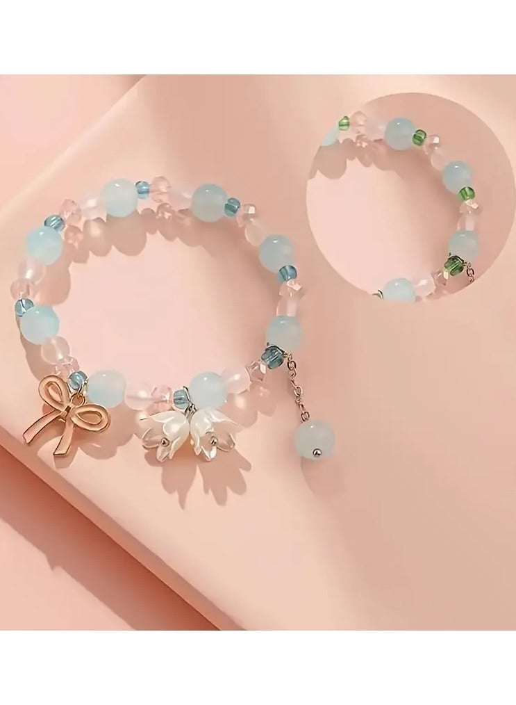 Charming Lily of the Valley Bow Charm Bracelet - Gradient Glass Beads, Perfect Gift for Best Friends  Birthdays 