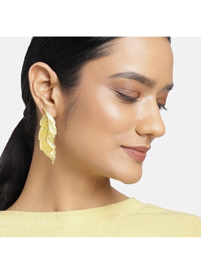 Estele Imitation Gold Tone Plated Metal Brass Leaf Model Earrings For Women - Image 2