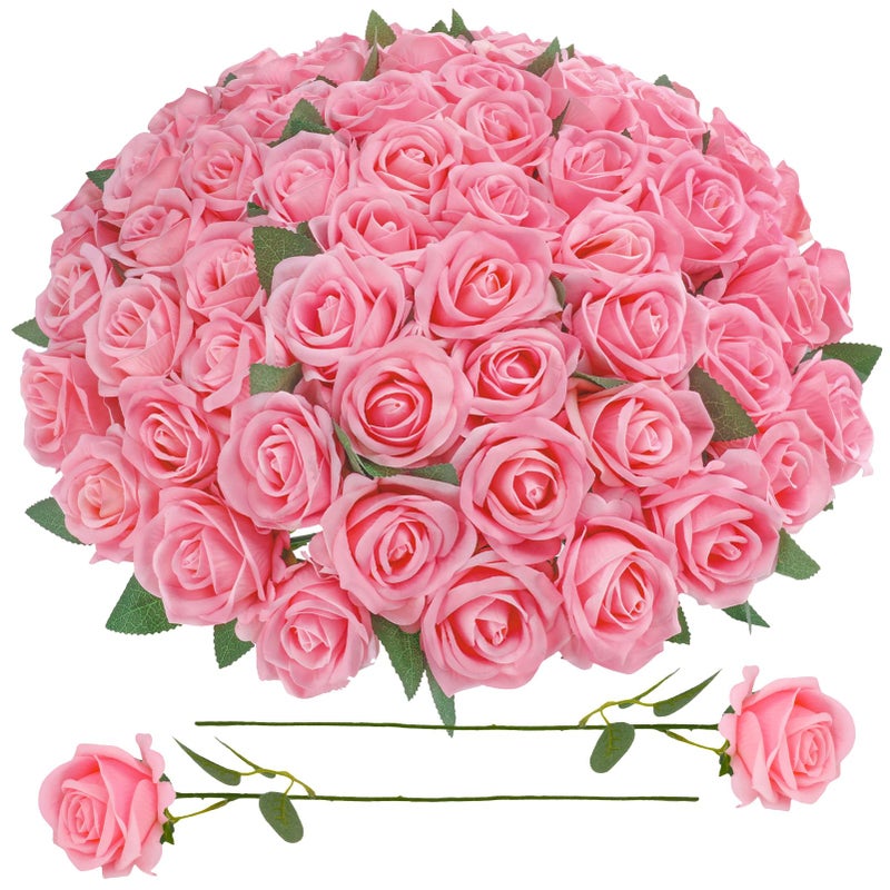 Ovveroche 90 Pcs Pink Velvet Rose Artificial Flowers with Long Stems, Fake Silk Roses Real Touch Fake Roses Florals for Birthday Wedding Bouquet Party Arrangement Decorations - Image 1