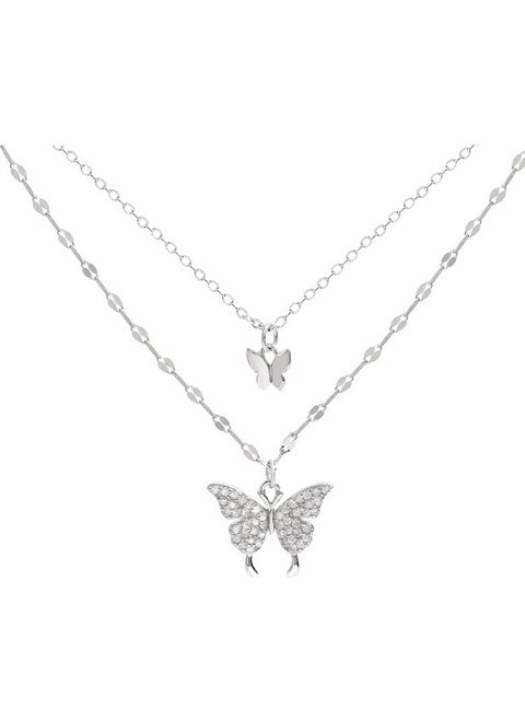 925 Sterling Silver Double Layer Butterfly Necklace, with a minimalist design, showcasing a cool and elegant style, perfect for highlighting the collarbone.