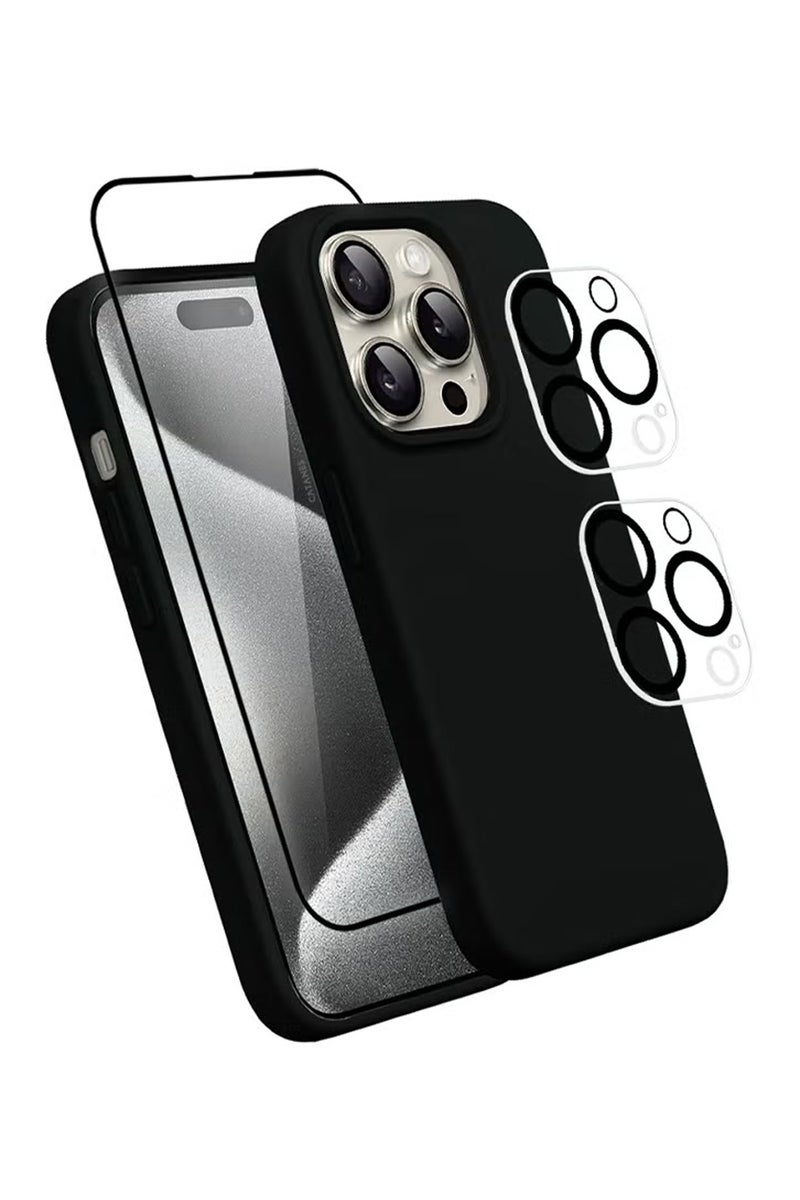 CATANES 3 Pack For iPhone 15 Pro Max Case and 2 Screen Protectors Silicone Case Full Body Protective Cover Shockproof Slim Phone Case Anti-Scratch Soft Microfiber Lining Black