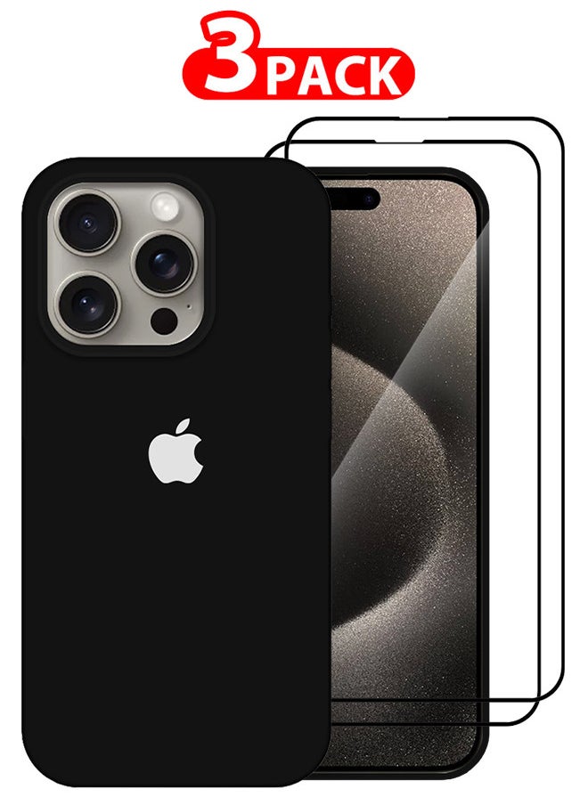 CATANES 3 Pack For iPhone 15 Pro Max Case and 2 Screen Protectors Silicone Case Full Body Protective Cover Shockproof Slim Phone Case Anti-Scratch Soft Microfiber Lining Black  - Image 1