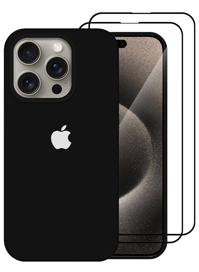 CATANES 3 Pack For iPhone 15 Pro Max Case and 2 Screen Protectors Silicone Case Full Body Protective Cover Shockproof Slim Phone Case Anti-Scratch Soft Microfiber Lining Black  - Image 2