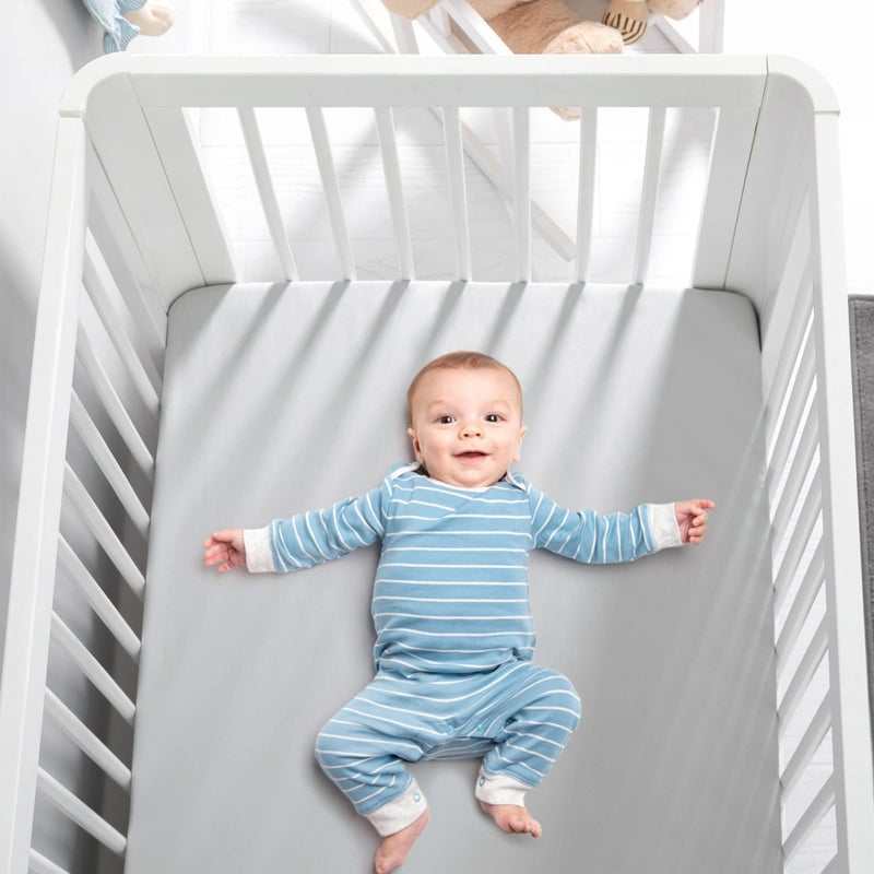 TILLYOU Baby Crib Sheets for Boys Girls, Fitted Crib Sheet 2 Pack for Standard Crib and Toddler Mattresses, Super Soft Toddler Bed Sheets, 28"x52"x8", White & Gray - Image 2