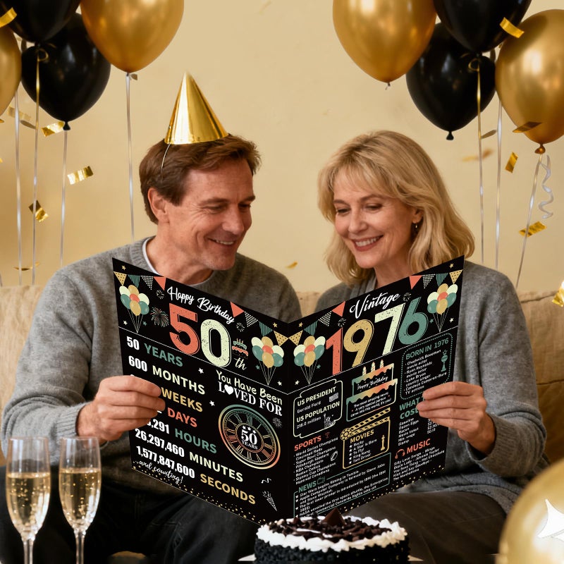 Uiorgui Large 50th Birthday Cards for Men Women, Colorful Vintage 1976 Happy 50th Birthday Greeting Card with Envelope Jumbo 50 Years Old Guest Book Decorations Gifts Party Supplies - Image 5